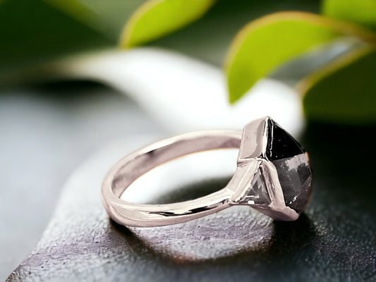 Hexagon Cut Salt and Pepper Diamond Ring Rustic Handmade Engagement Ring