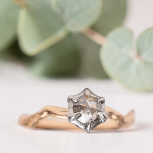 Salt and Pepper Rose Cut Diamond Ring with Twisted Shank