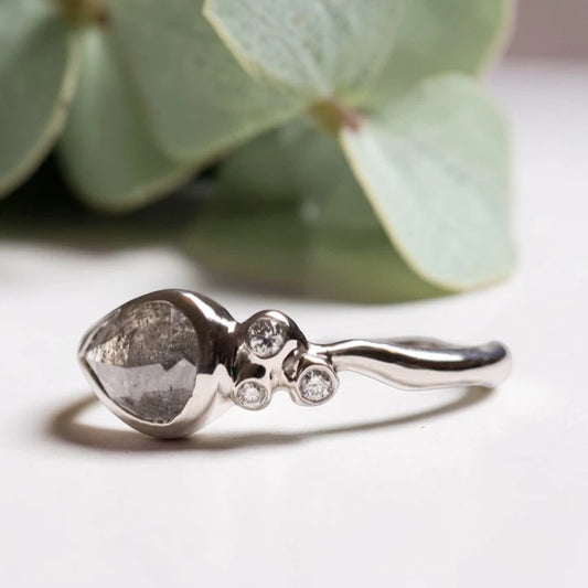 Pear Rose Cut Salt and Pepper Diamond Ring Vintage Bridal Band