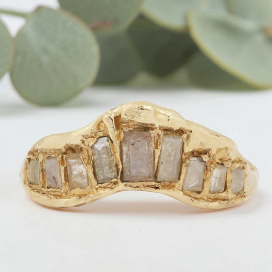 Salt and Pepper Baguette Diamond V Ring in Handmade Gold