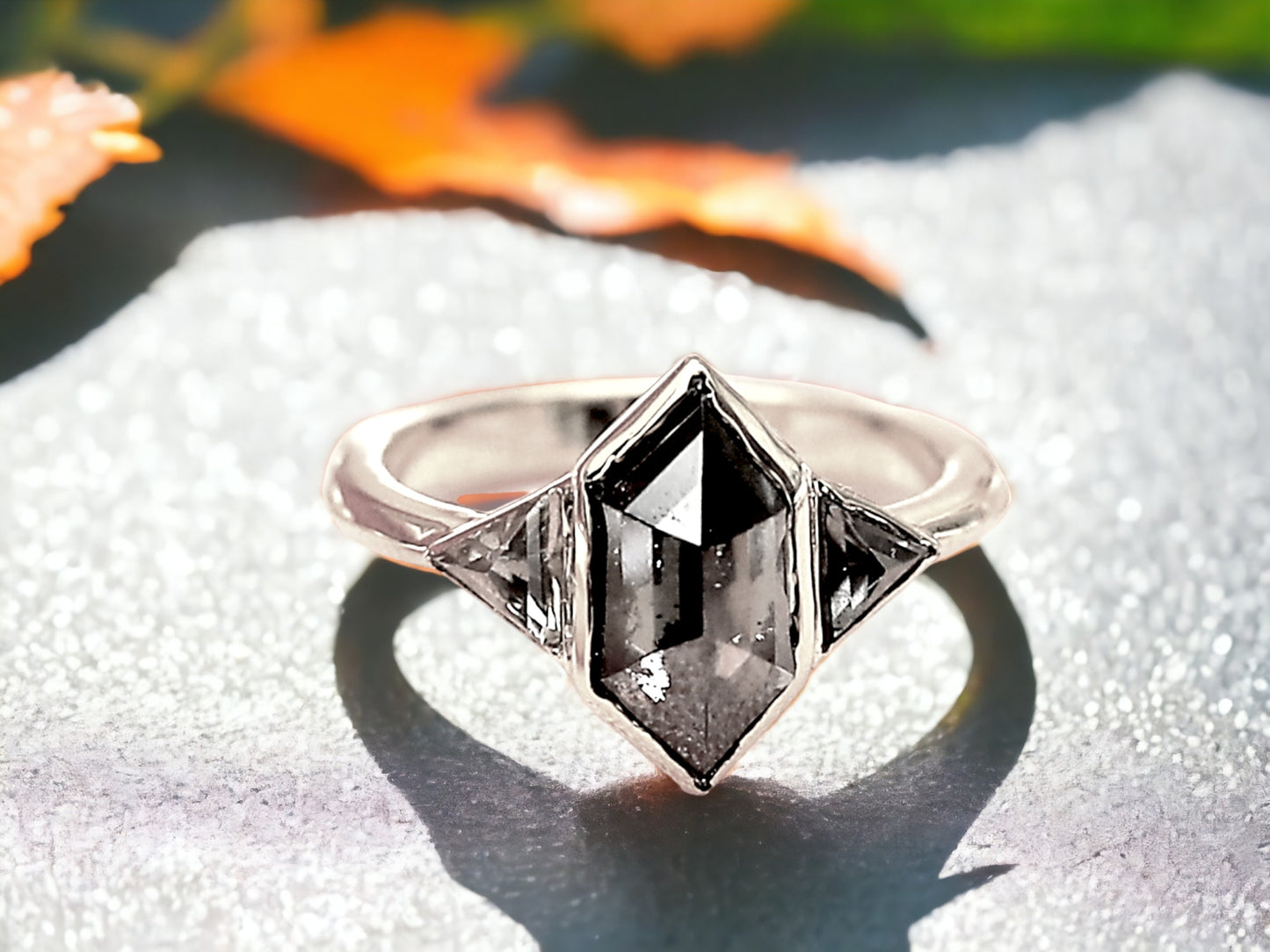 Hexagon Cut Salt and Pepper Diamond Ring Rustic Handmade Engagement Ring