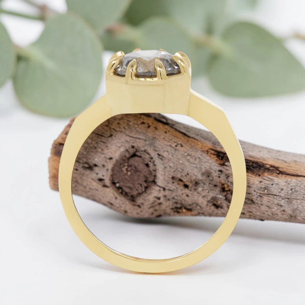 Octagon Cut Salt and Pepper Diamond Ring with Prong Set