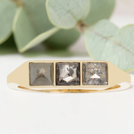 Princess Cut Salt and Pepper Diamond Ring with Vintage Style