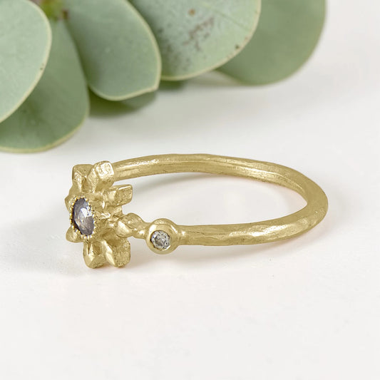 Diamond Flower Ring with Grey Rose Cut Diamond in Recycled Gold