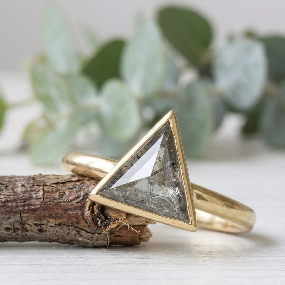 Triangle Salt and Pepper Diamond Ring in Handmade Gold