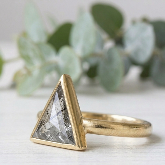 Triangle Salt and Pepper Diamond Ring in Handmade Gold