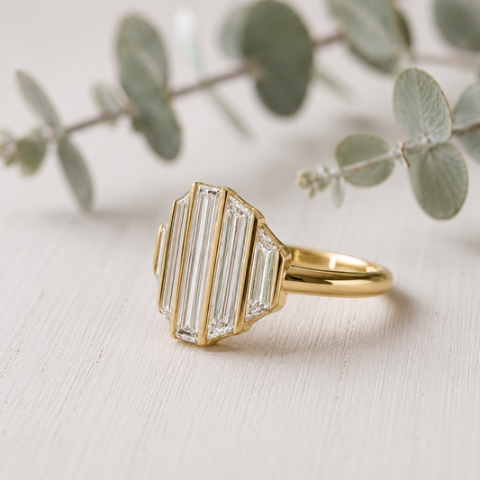 Baguette Diamond Engagement Ring featuring a lab-grown baguette cut diamond center stone with trapeze cut side diamonds in a geometric contemporary gold setting with a slim 1.7 mm band, designed as a modern minimalist engagement ring.