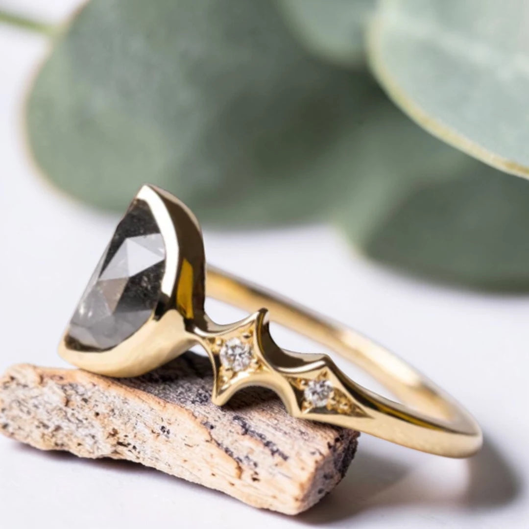 Half Moon Rose Cut Salt and Pepper Diamond Ring in Gold