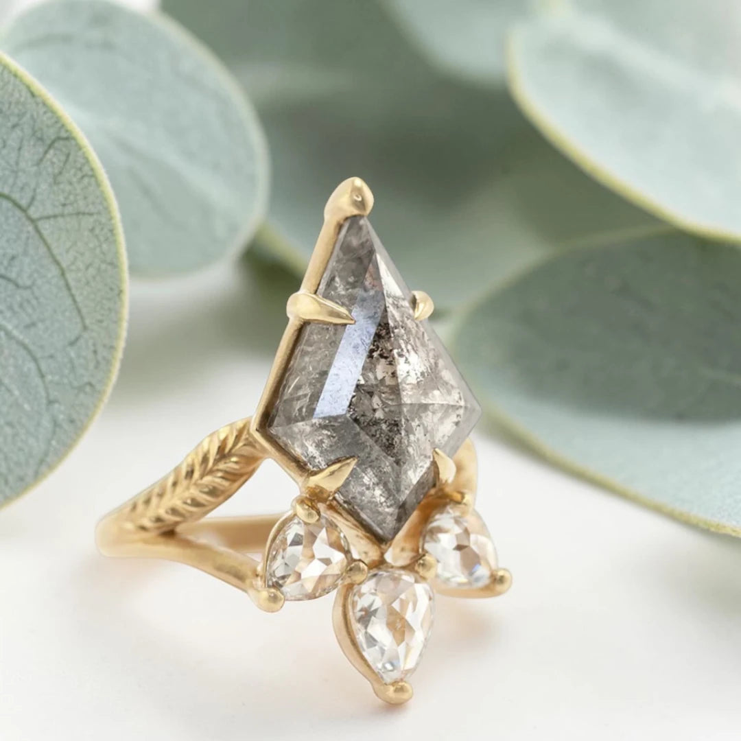Salt and Pepper Kite Diamond Halo Engagement Ring in Gold