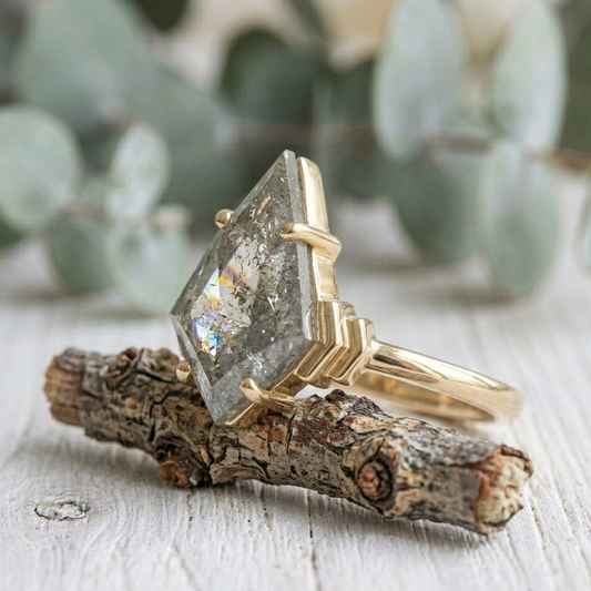 Kite Cut Diamond Ring featuring a 3.75 CT natural salt and pepper diamond with galaxy-like inclusions in a handmade contemporary setting with a straight shank and ultra-slim 1.20 mm band, designed as an alternative engagement ring.