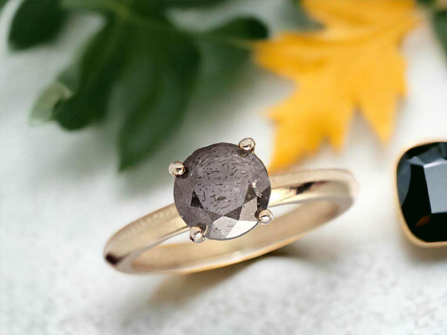 Round Rose Cut Salt and Pepper Diamond Ring featuring a 1.15 CT natural salt and pepper diamond with galaxy-like organic inclusions in a minimalist handmade design with a straight 1.8 to 1.9 mm band and sleek modern finish.