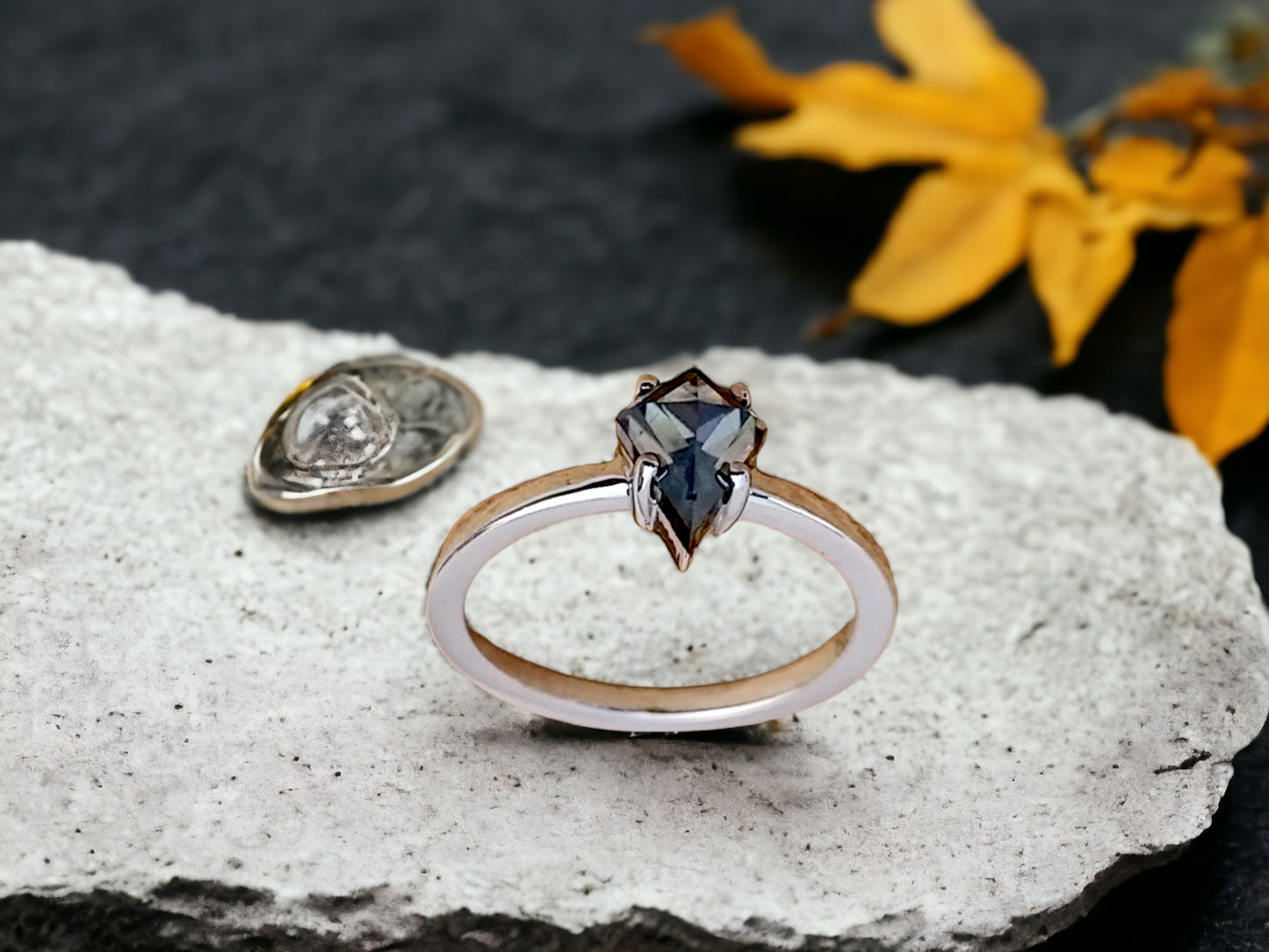 Kite Shape Diamond Ring, Alternative Engagement Ring, Salt and Pepper Diamond, Handmade Fine Jewellery