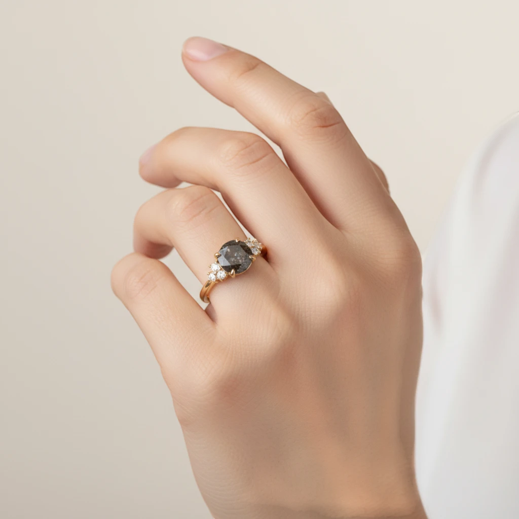 Rose Cut Salt & Pepper Diamond Cluster Ring in 14K Yellow Gold