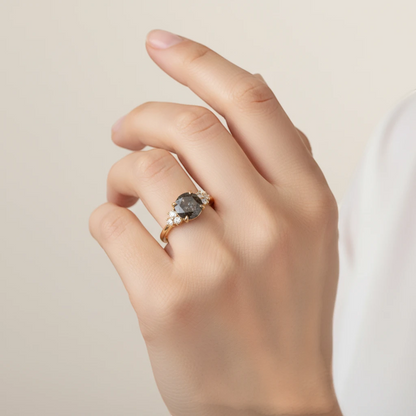 Rose Cut Salt & Pepper Diamond Cluster Ring in 14K Yellow Gold