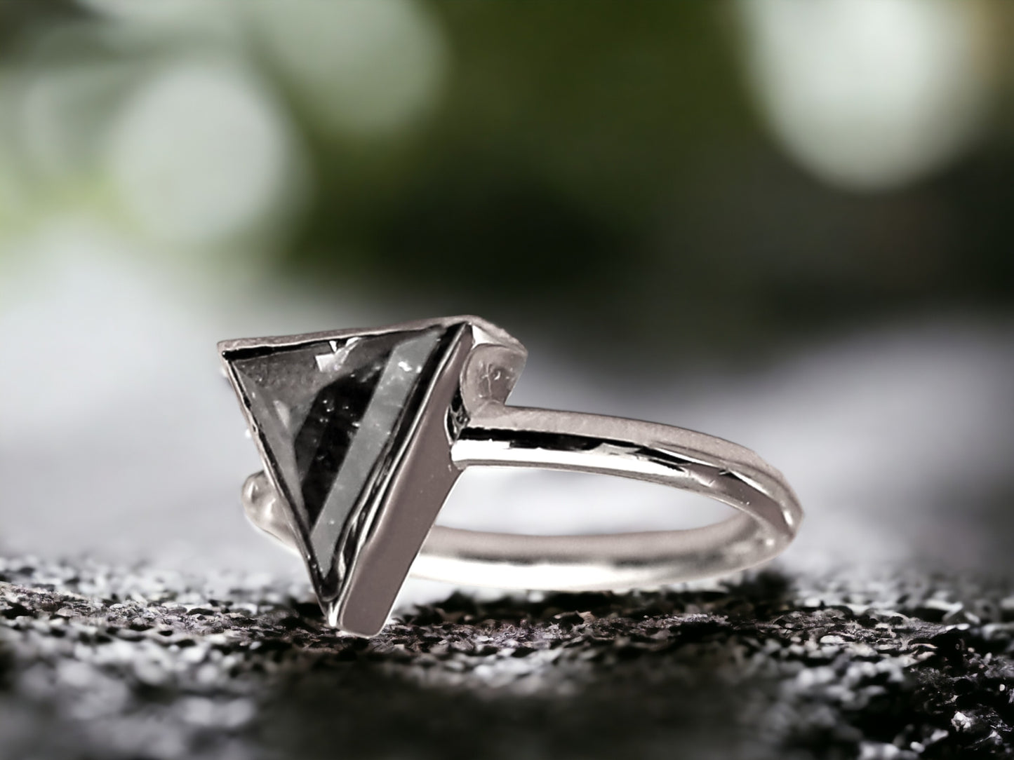 Triangle Salt & Pepper Diamond Ring, Raw Natural Engagement Ring, Handmade Rustic Gold