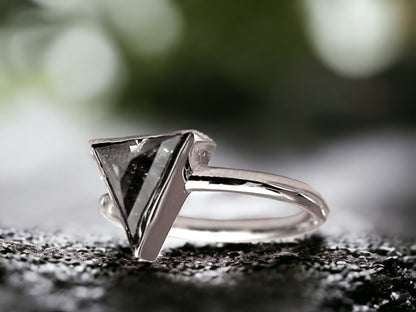 Triangle Salt & Pepper Diamond Ring, Raw Natural Engagement Ring, Handmade Rustic Gold
