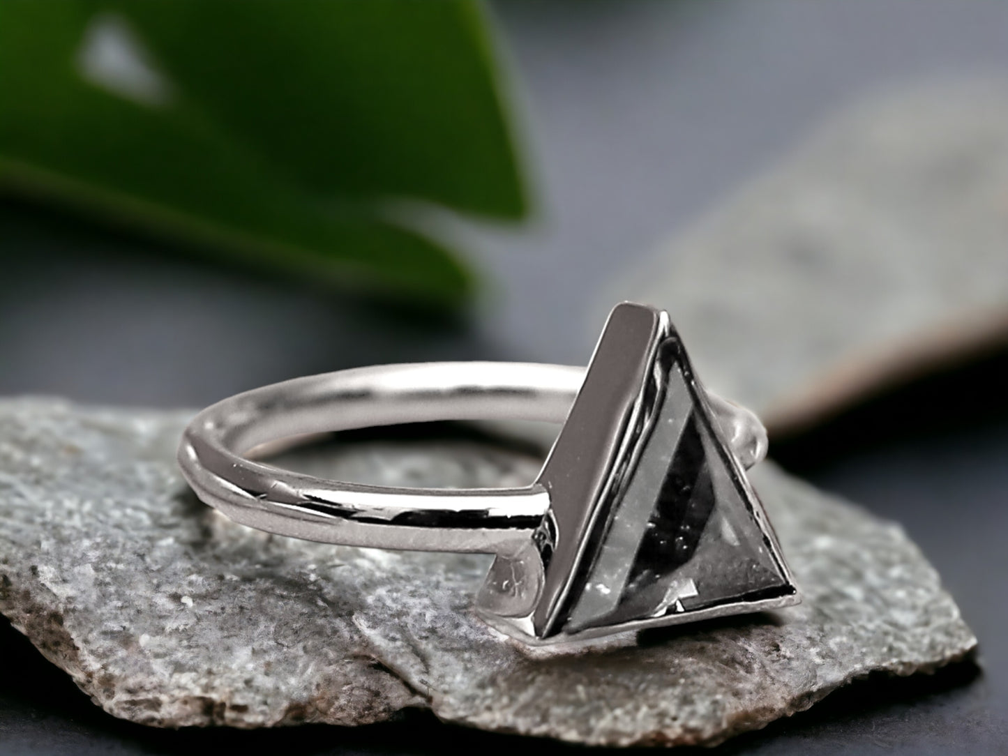Triangle Salt & Pepper Diamond Ring, Raw Natural Engagement Ring, Handmade Rustic Gold