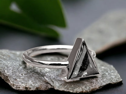 Triangle Salt & Pepper Diamond Ring, Raw Natural Engagement Ring, Handmade Rustic Gold
