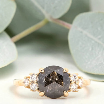 Rose Cut Salt & Pepper Diamond Cluster Ring in 14K Yellow Gold