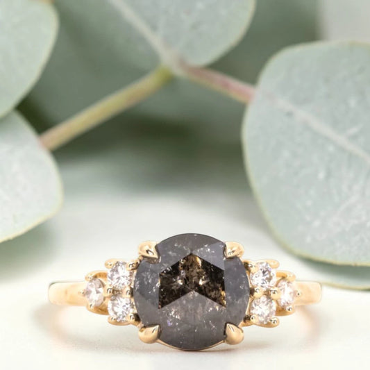Rose cut Salt & Pepper Diamond Cluster Ring, 2.31ct Vintage-Inspired, Hand-Cut White Diamonds, 14K Yellow Gold
