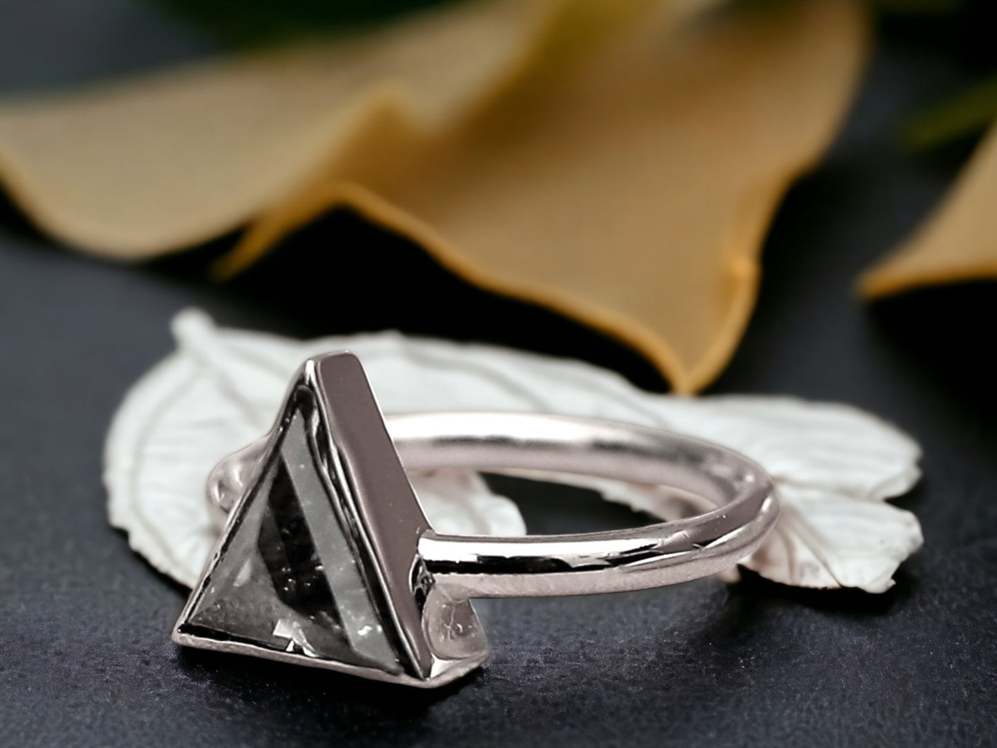 Triangle Salt & Pepper Diamond Ring, Raw Natural Engagement Ring, Handmade Rustic Gold