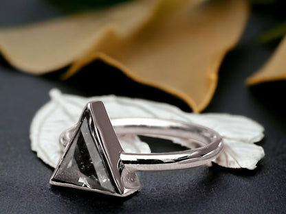 Triangle Salt & Pepper Diamond Ring, Raw Natural Engagement Ring, Handmade Rustic Gold
