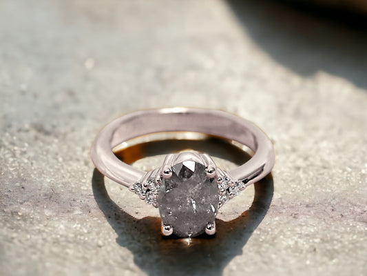 Salt and Pepper Diamond Ring with Raw Oval Diamond Design