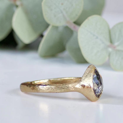 Pear Salt and Pepper Diamond Ring with a Rustic Hand Carved Band