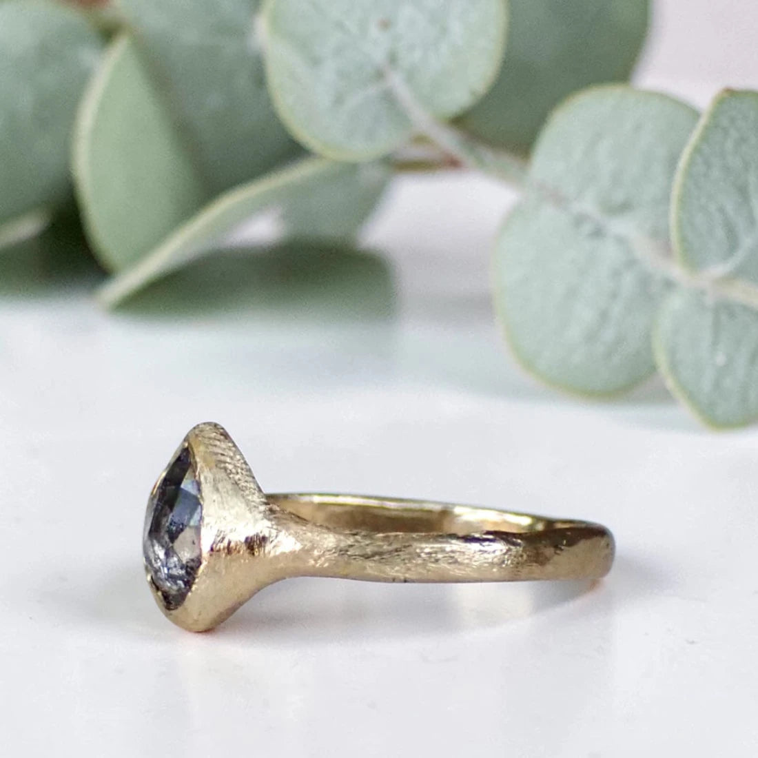 Pear Salt and Pepper Diamond Ring with a Rustic Hand Carved Band