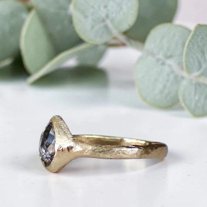 Pear Salt and Pepper Diamond Ring with a Rustic Hand Carved Band