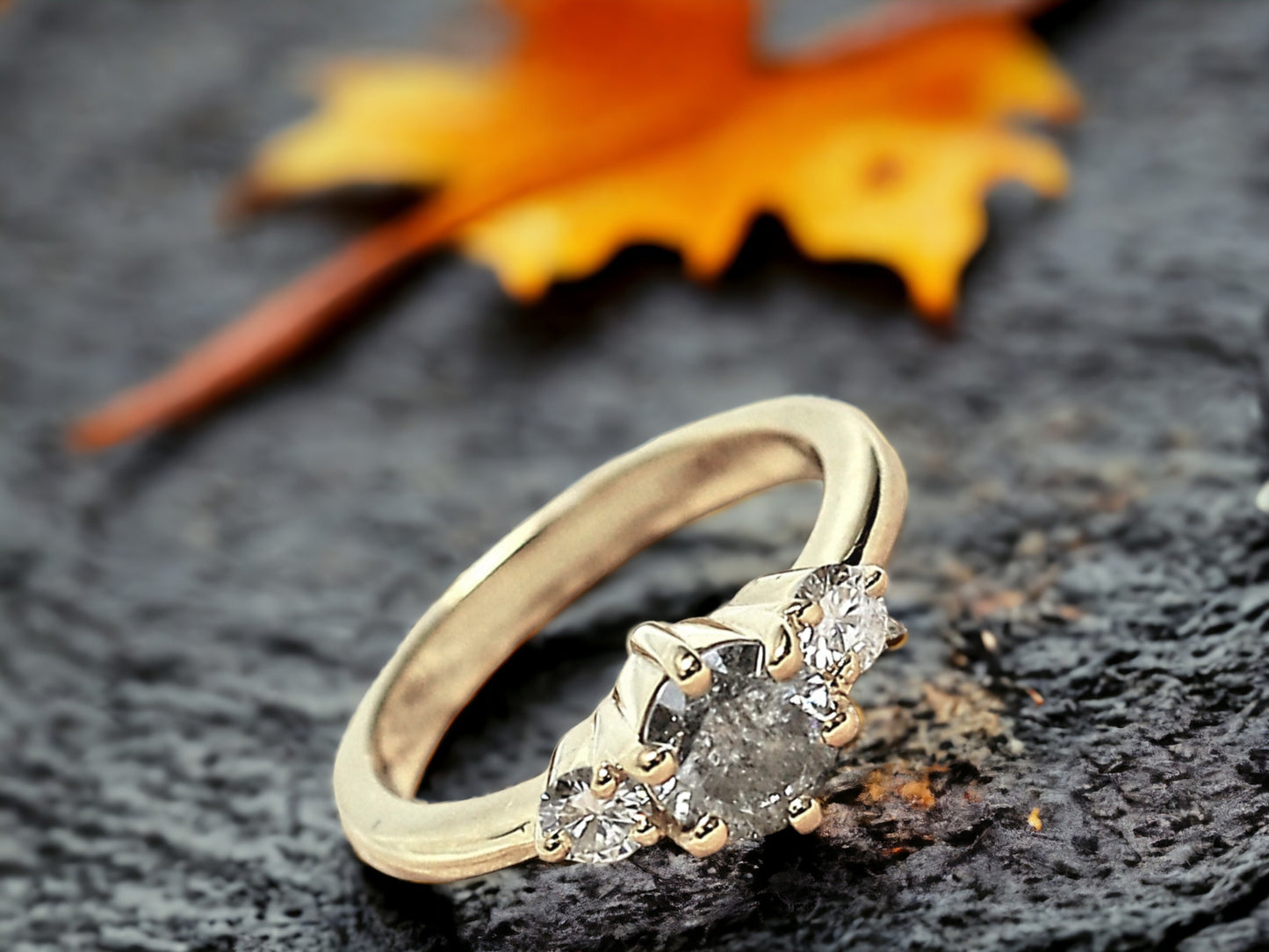 Three Stone Engagement Ring Handmade in Fine Gold