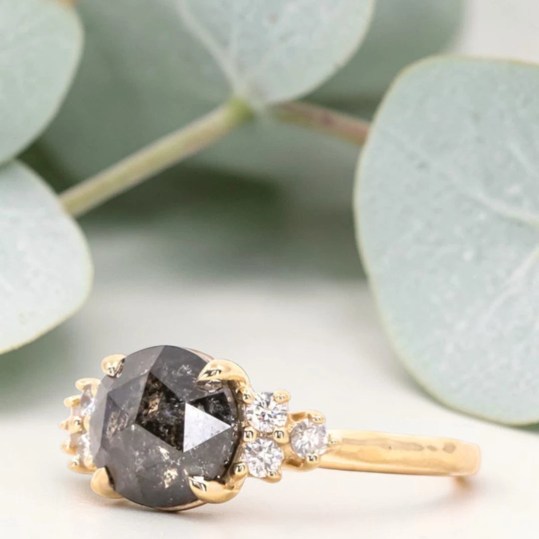 Rose Cut Salt & Pepper Diamond Cluster Ring in 14K Yellow Gold