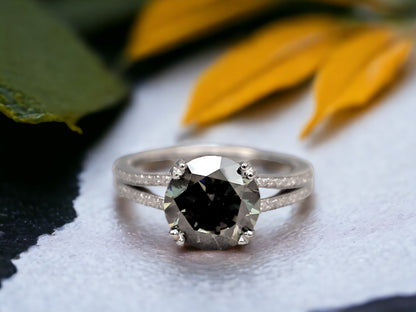 Green Salt and Pepper Diamond Ring with a Split Shank Design