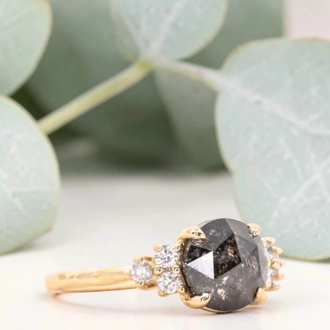 Rose Cut Salt & Pepper Diamond Cluster Ring in 14K Yellow Gold