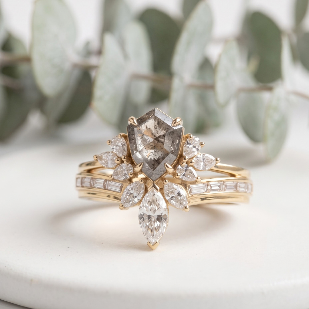 Shield Cut Salt and Pepper Diamond Wedding Ring