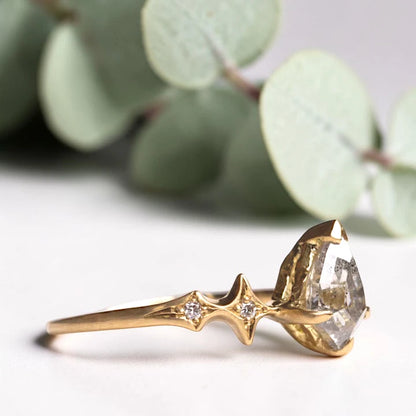 Kite Shaped Salt and Pepper Diamond Ring with Rose Cut