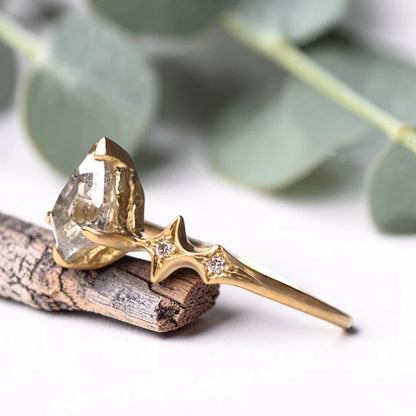 Kite Shaped Salt and Pepper Diamond Ring with Rose Cut