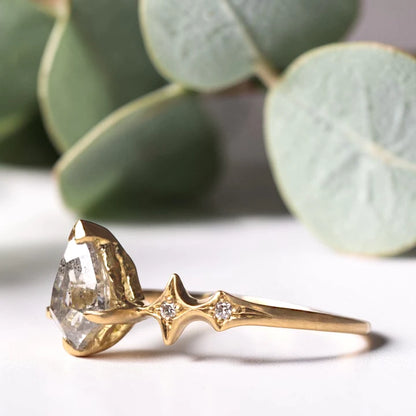 Kite Shaped Salt and Pepper Diamond Ring with Rose Cut