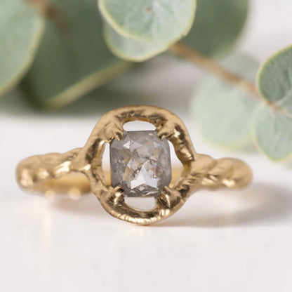 Salt & Pepper Rosecut Diamond Ring – Organic Bezel Engagement Band