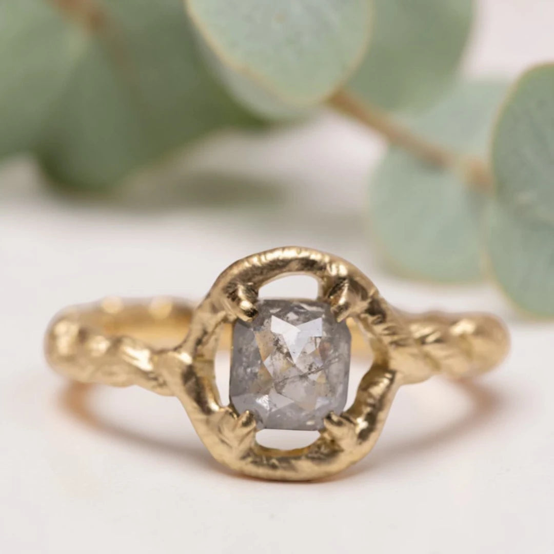 Salt & Pepper Rosecut Diamond Ring – Organic Bezel Engagement Band