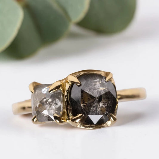 Salt and Pepper Diamond Two Stone Engagement Ring Handmade