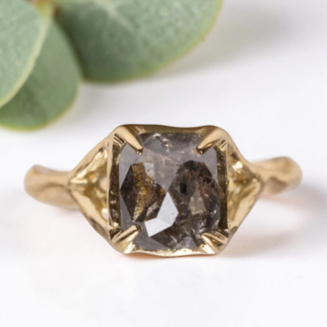 Salt & Pepper Diamond Rustic Bezel Engagement Ring Cushion Rose Cut