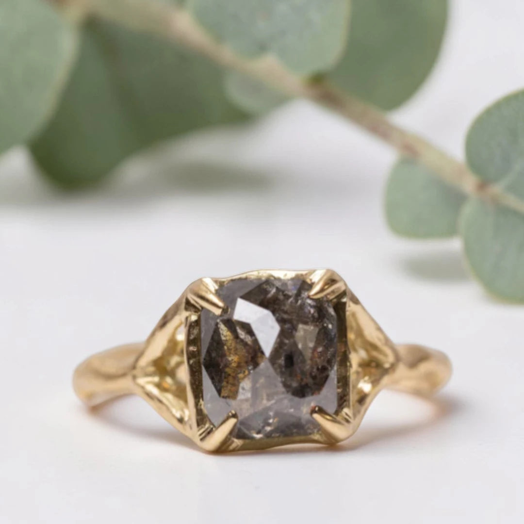 Salt & Pepper Diamond Rustic Bezel Engagement Ring Cushion Rose Cut