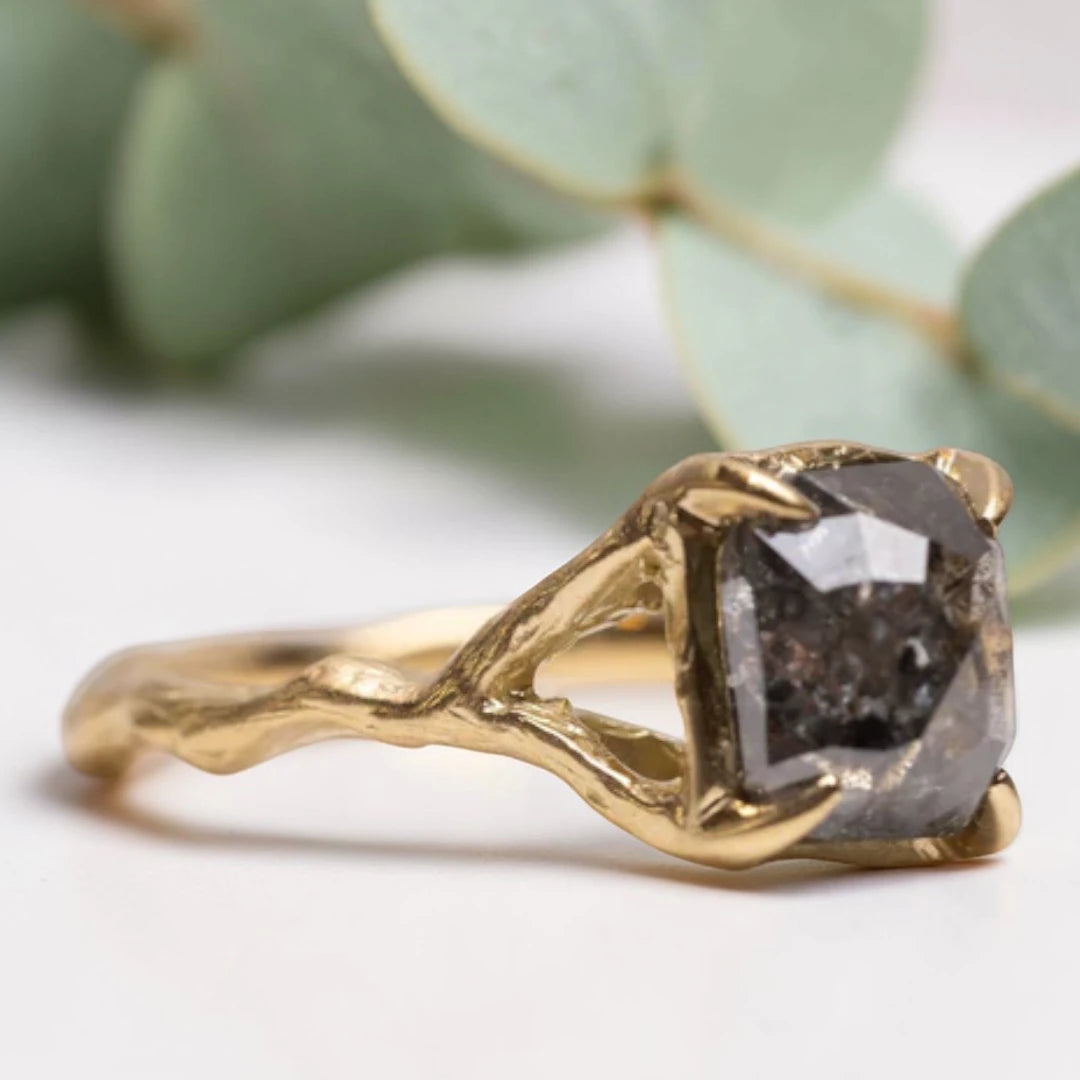Salt & Pepper Diamond Rustic Bezel Engagement Ring Cushion Rose Cut