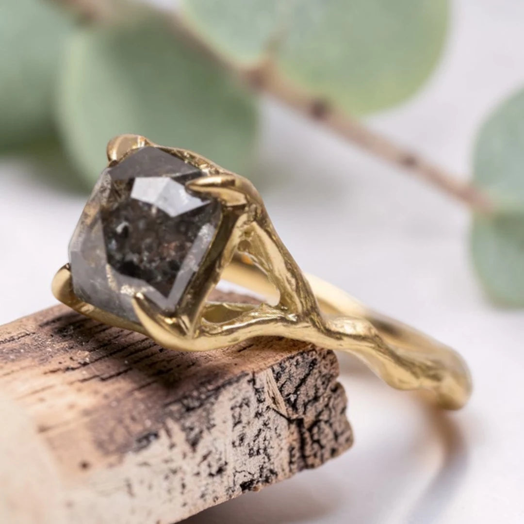 Salt & Pepper Diamond Rustic Bezel Engagement Ring Cushion Rose Cut