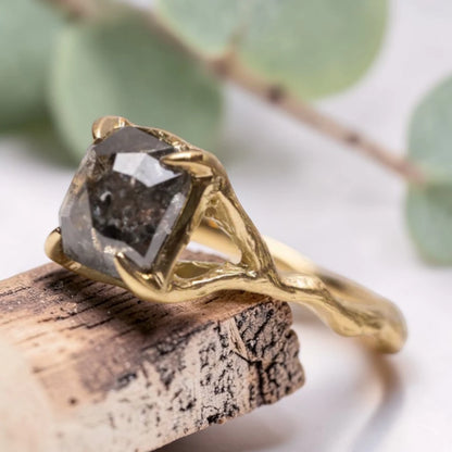 Salt & Pepper Diamond Rustic Bezel Engagement Ring Cushion Rose Cut