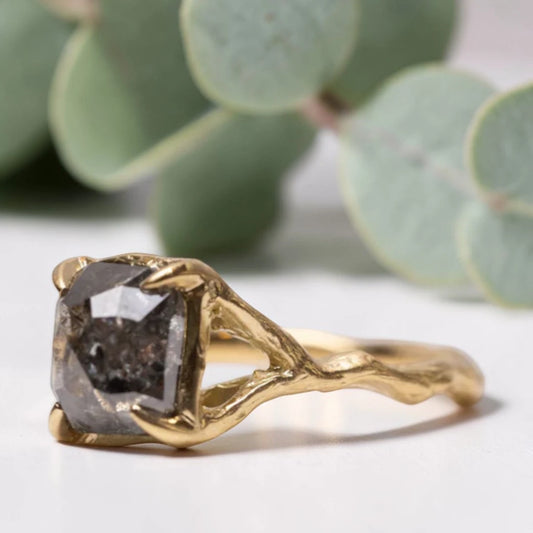 Salt & Pepper Diamond Rustic Bezel Engagement Ring Cushion Rose Cut