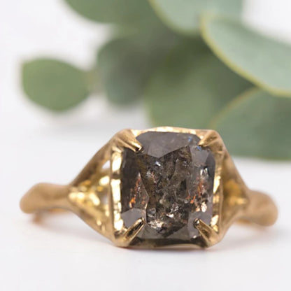 Salt & Pepper Diamond Rustic Bezel Engagement Ring Cushion Rose Cut