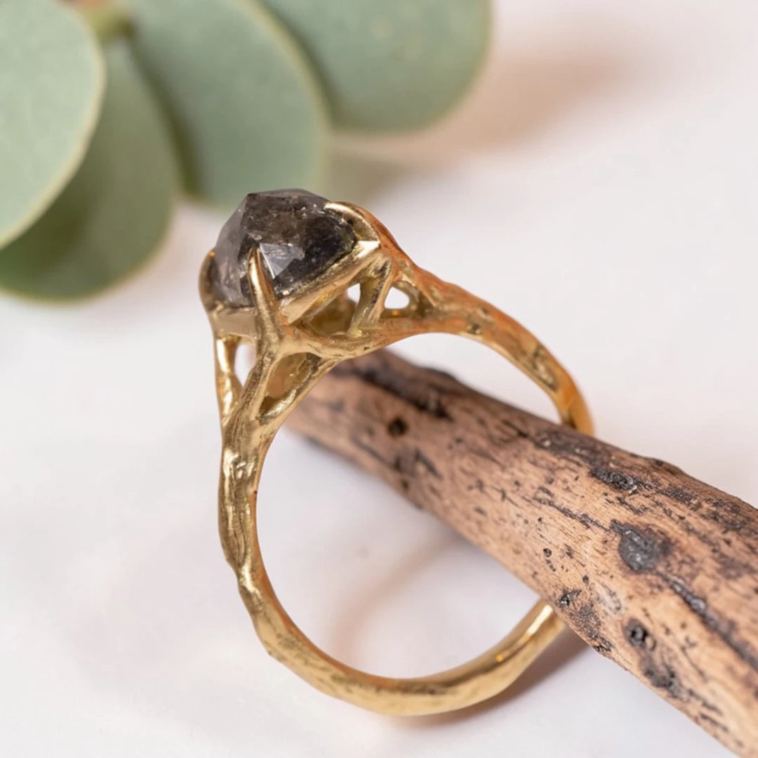 Salt & Pepper Diamond Rustic Bezel Engagement Ring Cushion Rose Cut