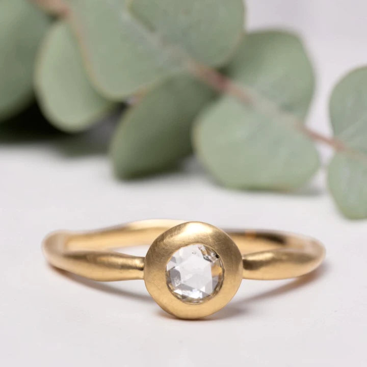 Rose Cut Diamond Ring with Wide Bezel Water Band in 18K Gold